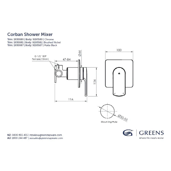 Greens Corban Shower Mixer Trim Set & Shower Mixer Body Chrome