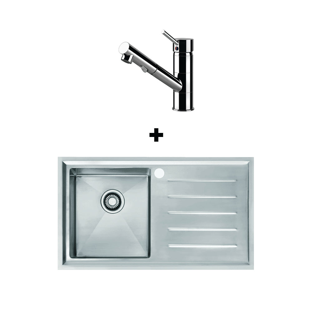 Franke Vela VLX211RHD Single Bowl Stainless Steel Sink + Franke TA6001 Eclipse Pull Out Chrome Tap