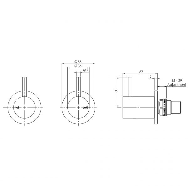 Phoenix Vivid Slimline Wall Top Assemblies 15mm Extended Spindles Gun Metal
