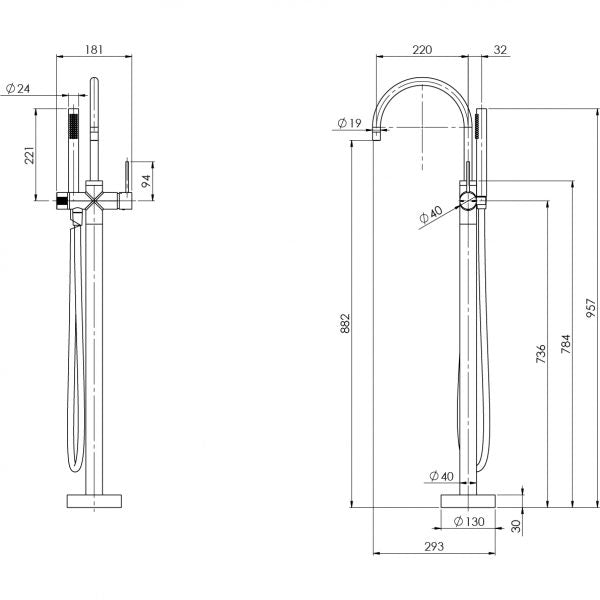 Phoenix Vivid Slimline Floor Mounted Bath Mixer with Hand Shower Gun Metal